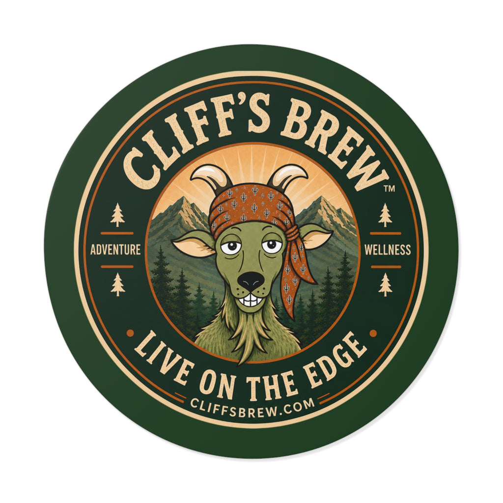 Cliff's Brew Round Vinyl Sticker — 'Live on the Edge' Adventure Goat Logo
