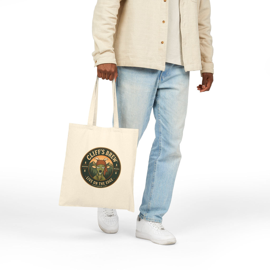 Cliff's Brew Natural Canvas Tote Bag — 'Live on the Edge' Retro Coffee Logo