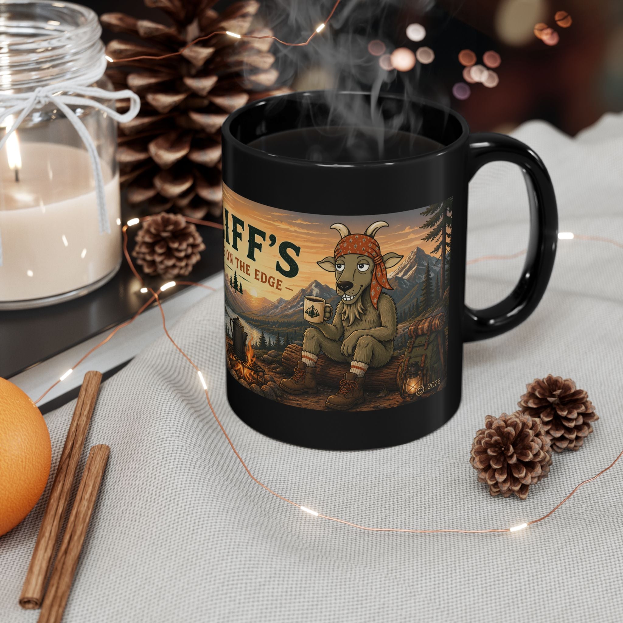 Cliff’s Campfire Black Coffee Mug – "Live on the Edge" Outdoor Adventure Gift (11oz & 15oz)