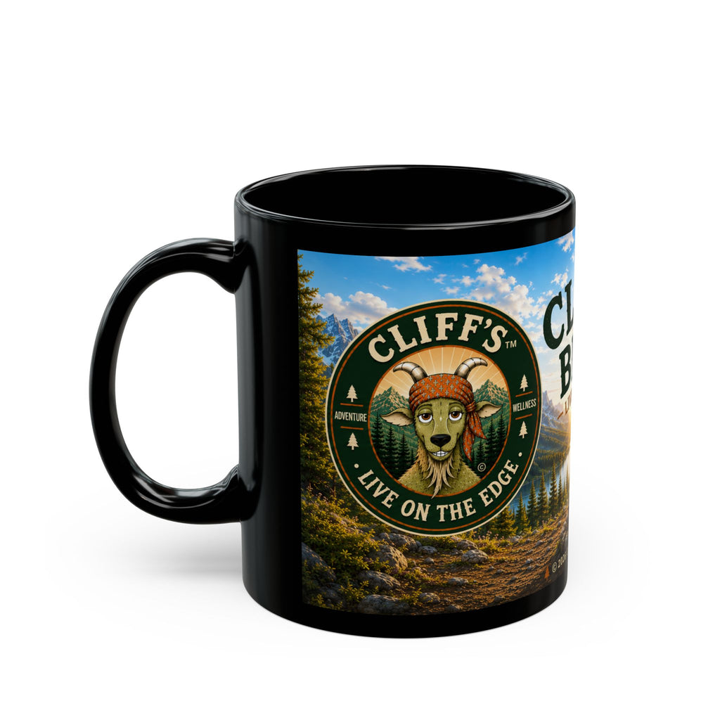 Cliff’s Campfire Black Coffee Mug – "Live on the Edge" Outdoor Adventure Gift (11oz & 15oz)