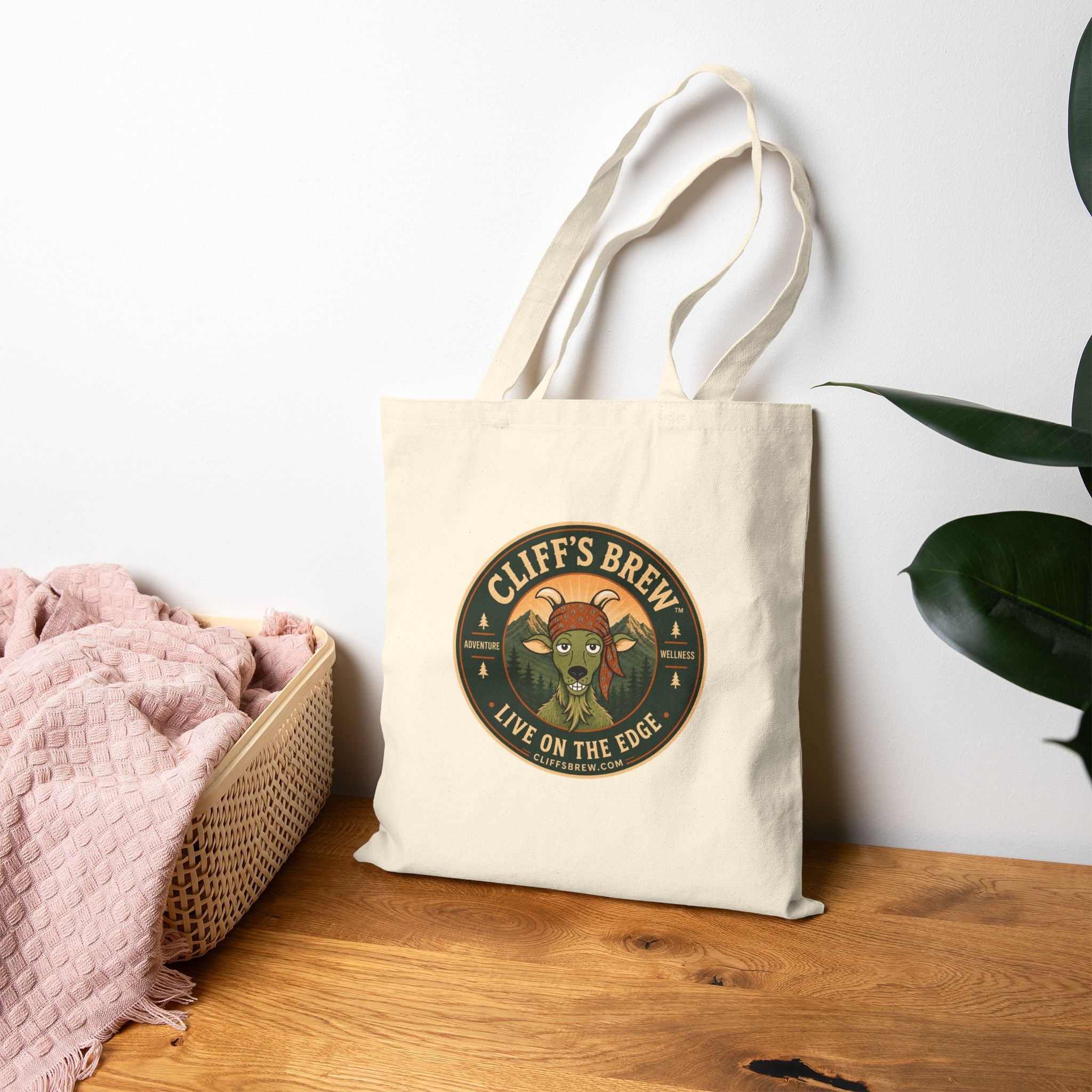 Cliff's Brew Natural Canvas Tote Bag — 'Live on the Edge' Retro Coffee Logo