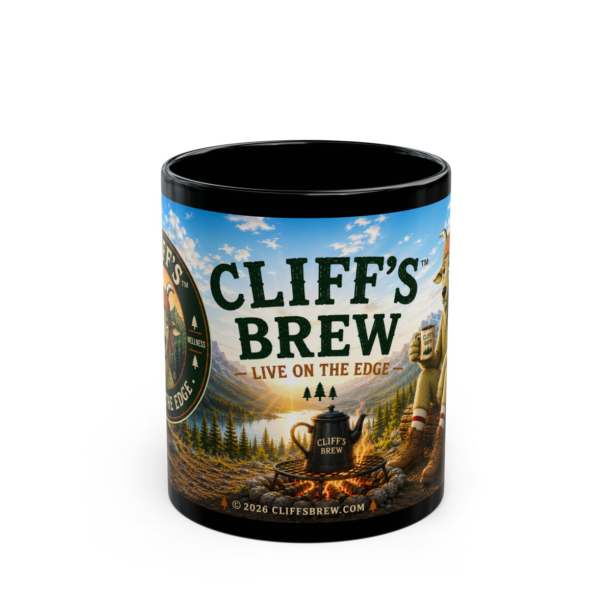 Cliff’s Campfire Black Coffee Mug – "Live on the Edge" Outdoor Adventure Gift (11oz & 15oz)