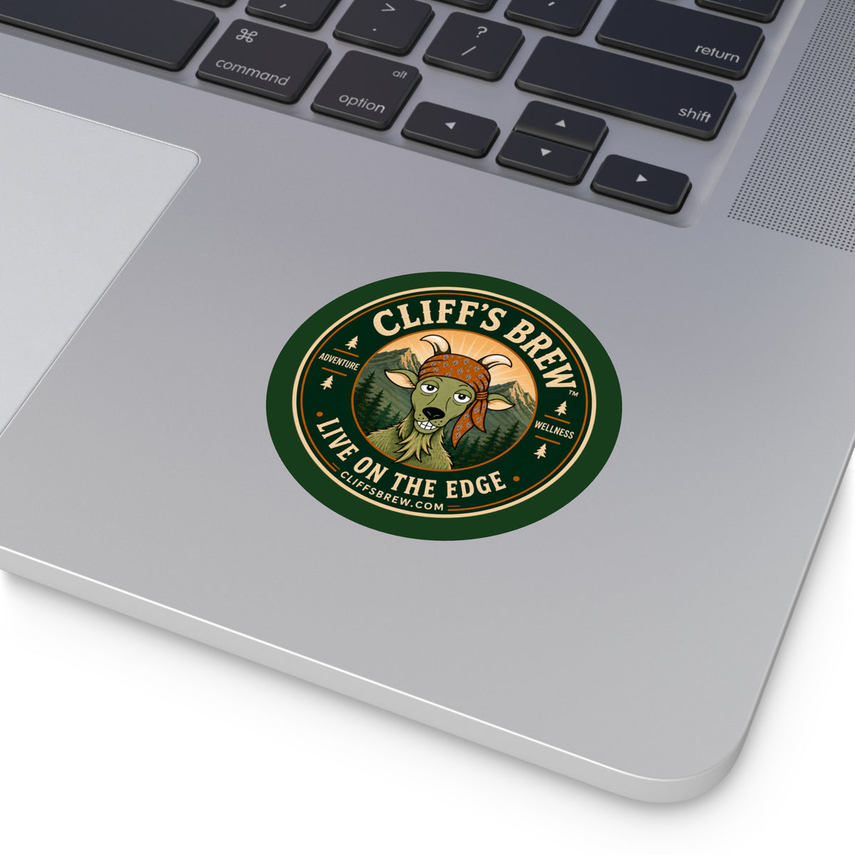 Cliff's Brew Round Vinyl Sticker — 'Live on the Edge' Adventure Goat Logo