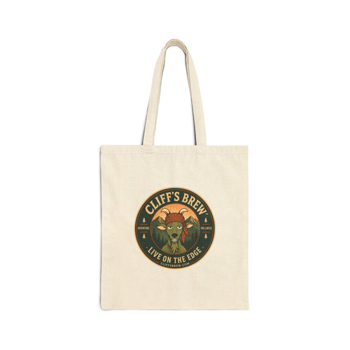 Cliff's Brew Natural Canvas Tote Bag — 'Live on the Edge' Retro Coffee Logo