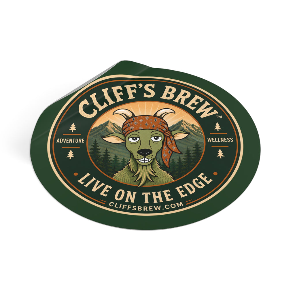Cliff's Brew Round Vinyl Sticker — 'Live on the Edge' Adventure Goat Logo