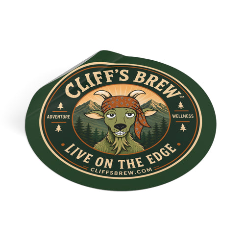 Cliff's Brew Round Vinyl Sticker — 'Live on the Edge' Adventure Goat Logo