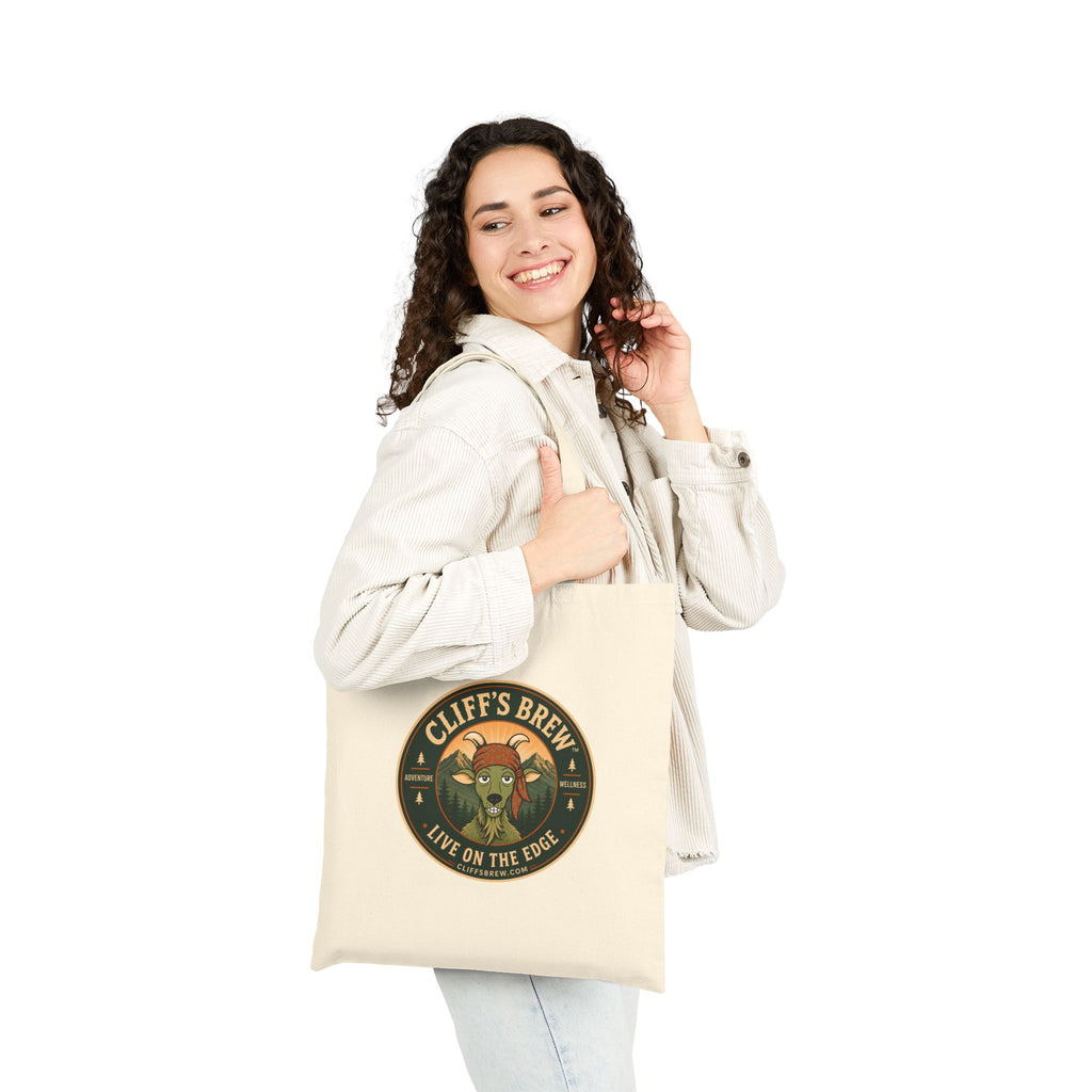 Cliff's Brew Natural Canvas Tote Bag — 'Live on the Edge' Retro Coffee Logo