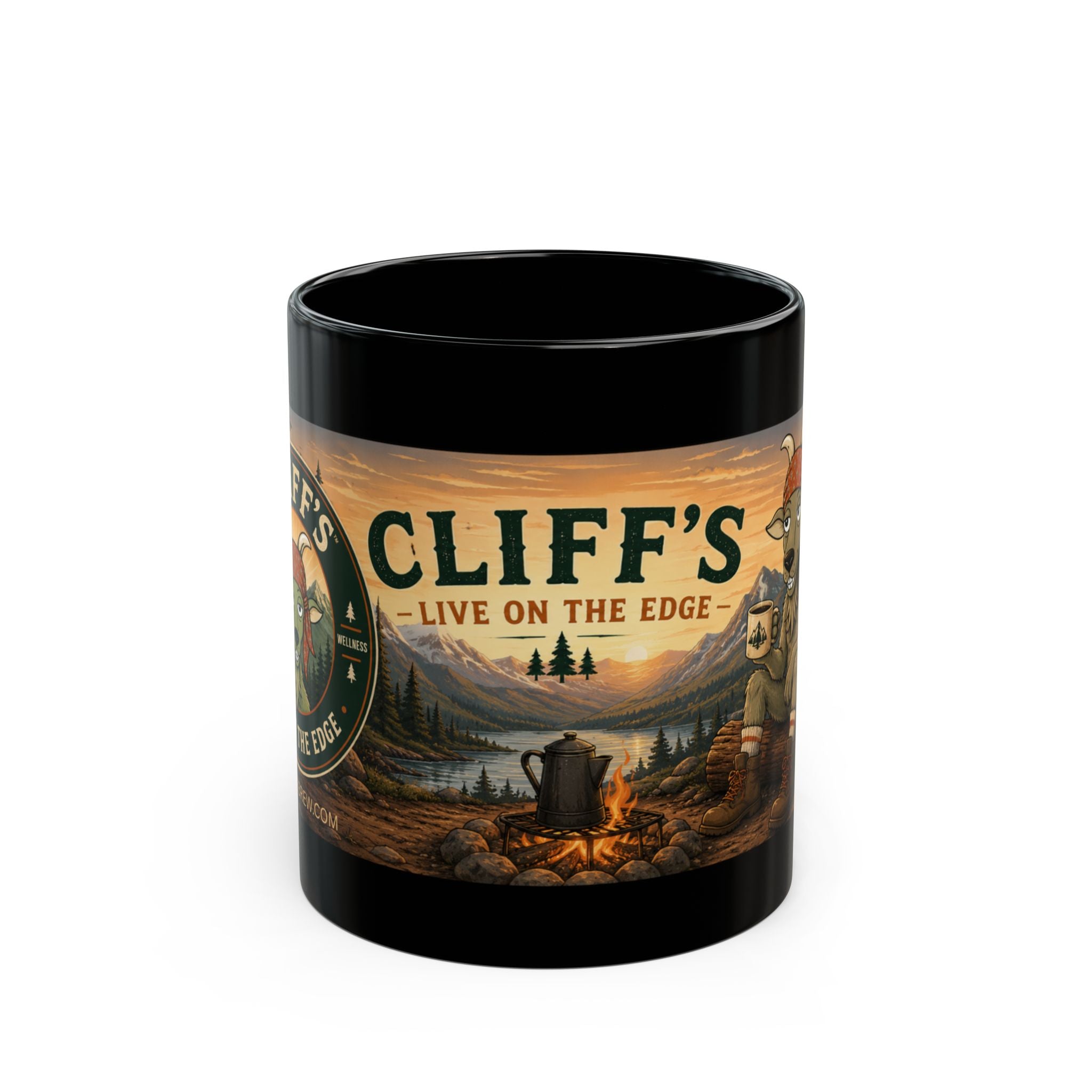 Cliff’s Campfire Black Coffee Mug – "Live on the Edge" Outdoor Adventure Gift (11oz & 15oz)
